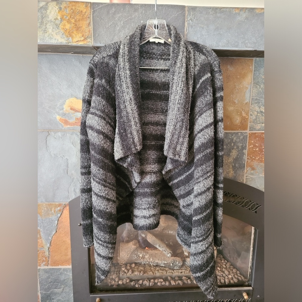 🔴360 Sweater Wool Blend Black and Grey Striped Asymmetrical Cardigan Sz medium